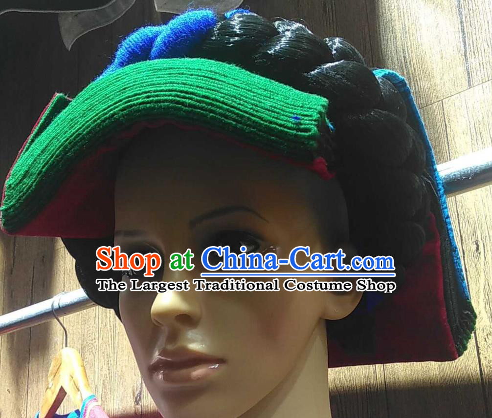 China Yi Minority Woman Folk Dance Cap Headdress Liangshan Ethnic Group Festival Braid Hairpieces Handmade Embroidered Tile Hat