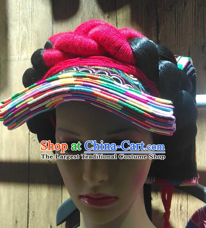 China Liangshan Ethnic Group Festival Braid Hairpieces Handmade Embroidered Tile Hat Yi Minority Woman Folk Dance Cap Headdress