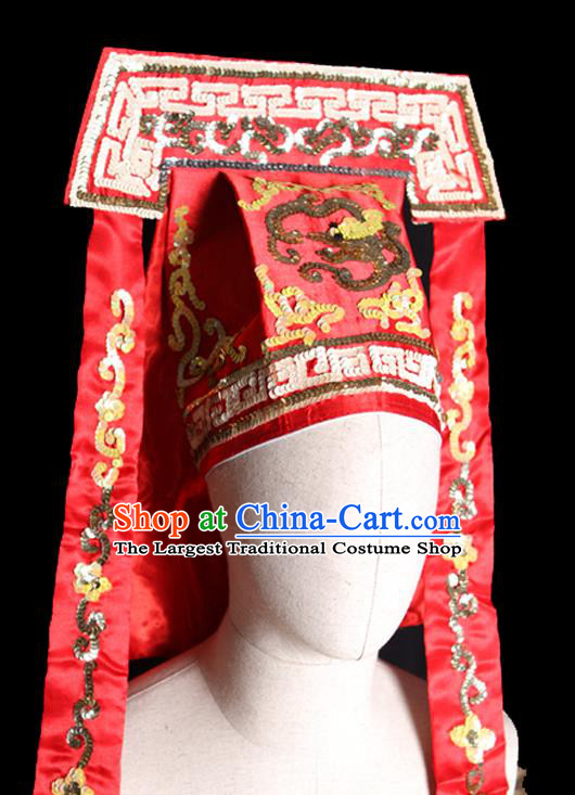 Chinese Handmade Chaozhou Opera Official Headwear Beijing Opera Takefu Red Hat Ancient Imperial Bodyguard Headdress