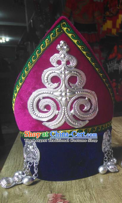 China Yi Minority Children Dance Headdress Liangshan Ethnic Group Girl Headwear Handmade Silver Tassel Purple Hat