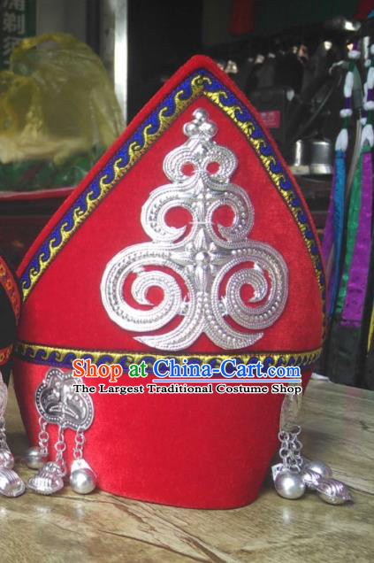 China Handmade Silver Tassel Red Hat Yi Minority Children Dance Headdress Liangshan Ethnic Group Girl Headwear