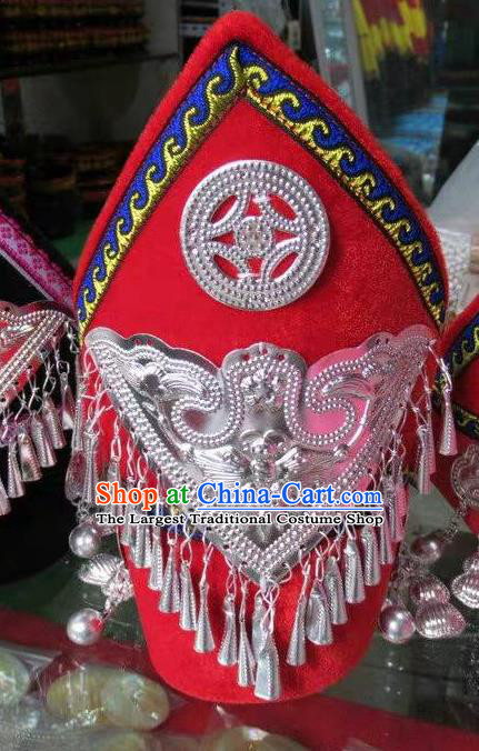 China Liangshan Ethnic Group Girl Dance Headwear Handmade Silver Tassel Red Hat Yi Minority Children Festival Headdress