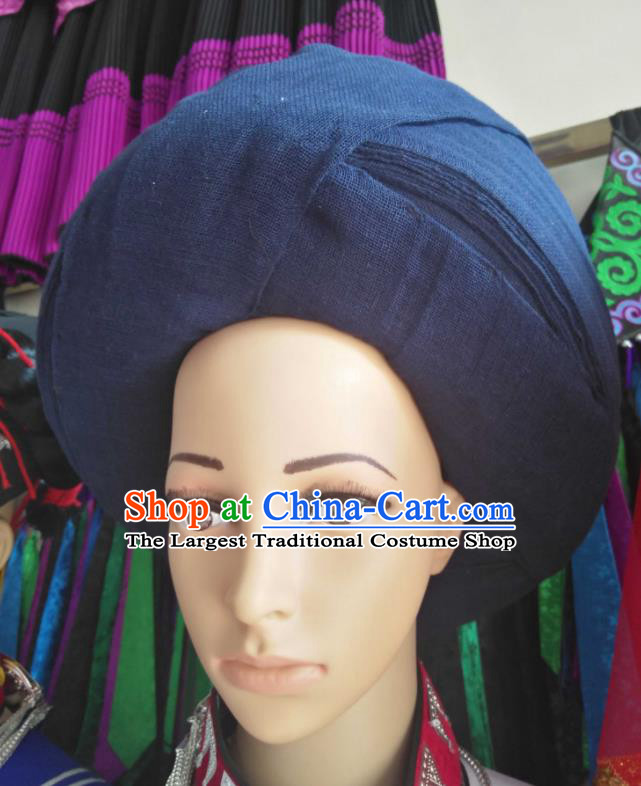 China Yi Minority Country Woman Headdress Liangshan Ethnic Group Female Headwear Handmade Navy Flax Circular Hat