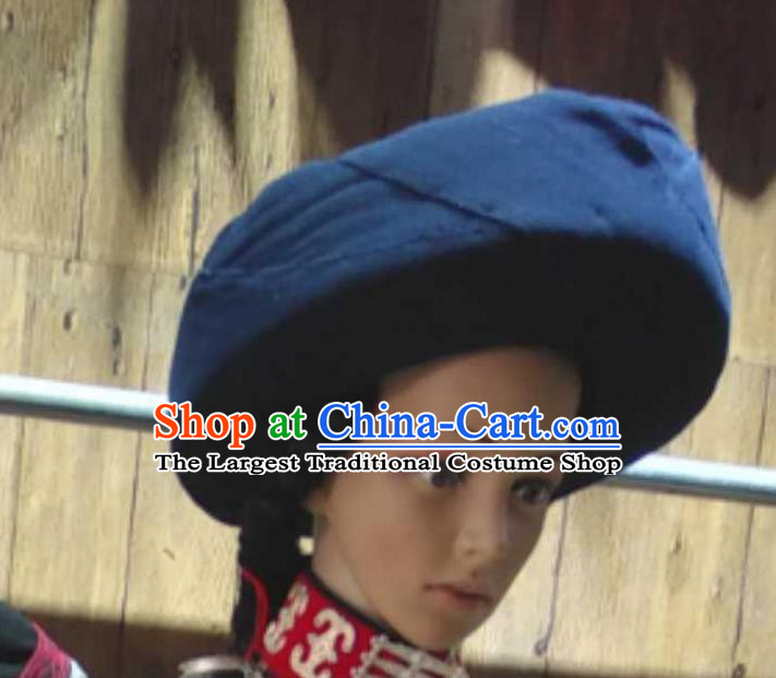China Yi Minority Country Woman Headdress Liangshan Ethnic Group Female Headwear Handmade Navy Flax Circular Hat