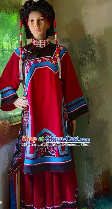 Chinese Yi Nationality Folk Dance Costumes Ethnic Wedding Bride Clothing Liangshan National Minority Woman Red Uniforms