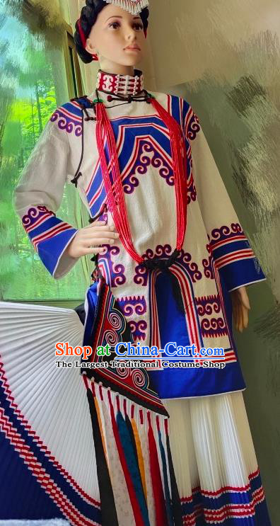 Chinese Ethnic Festival Performance Clothing Liangshan National Minority Woman White Uniforms Yi Nationality Folk Dance Costumes