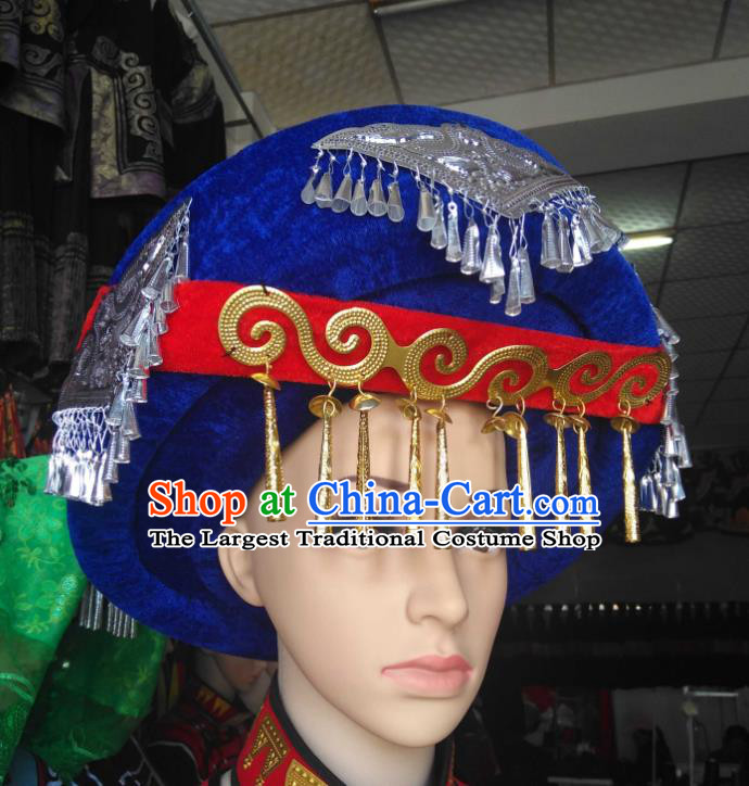 China Yi Minority Wedding Headdress Liangshan Ethnic Group Bride Headwear Handmade Royalblue Velvet Circular Hat
