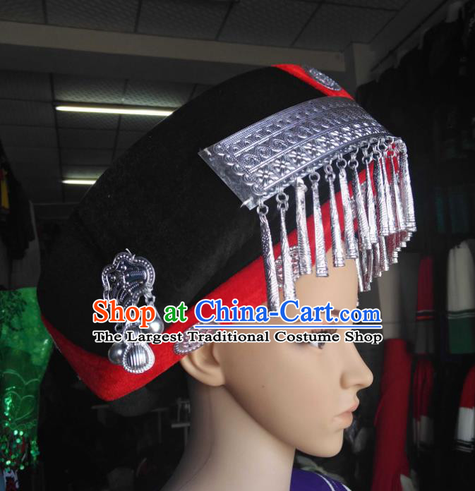 China Handmade Silver Tassel Circular Hat Yi Minority Wedding Headdress Liangshan Ethnic Group Bride Headwear