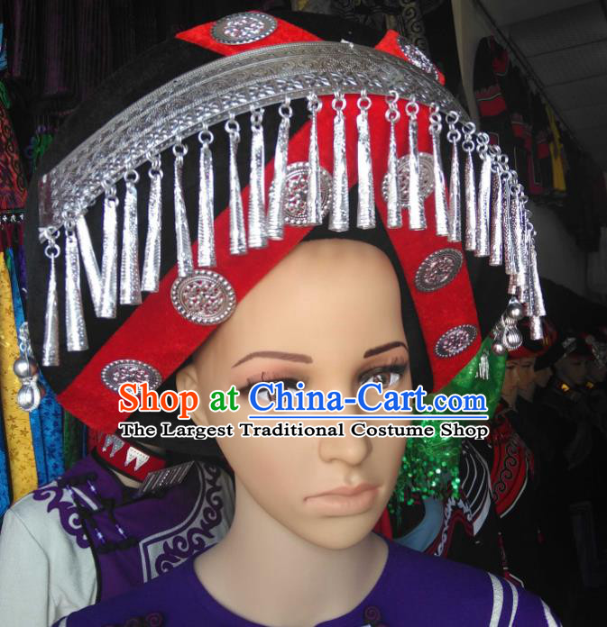China Handmade Silver Tassel Circular Hat Yi Minority Wedding Headdress Liangshan Ethnic Group Bride Headwear