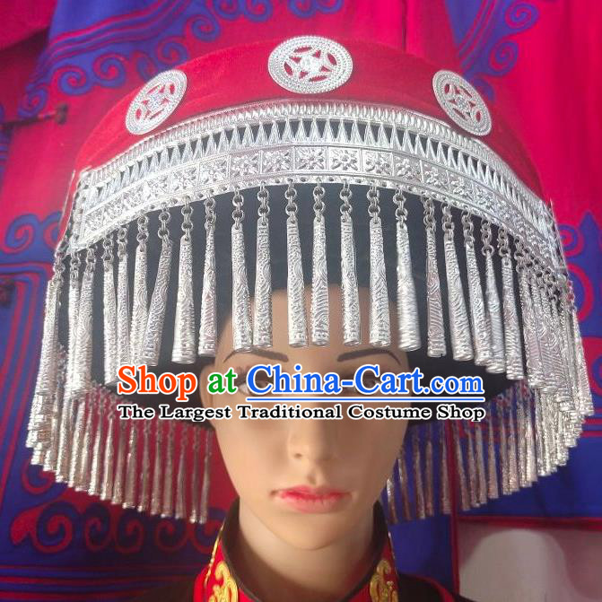 China Liangshan Ethnic Group Wedding Bride Headwear Handmade Silver Tassel Circular Hat Yi Minority Festival Headdress