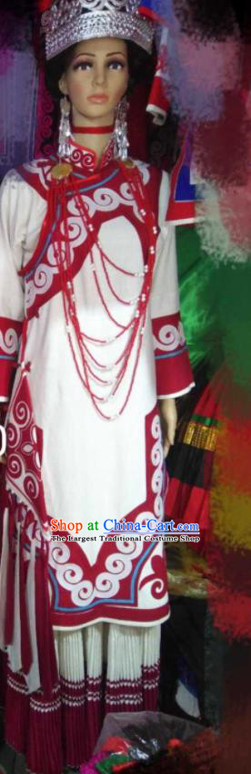 Chinese Liangshan National Minority Wedding White Uniforms Yi Nationality Woman Costumes Ethnic Festival Dance Clothing