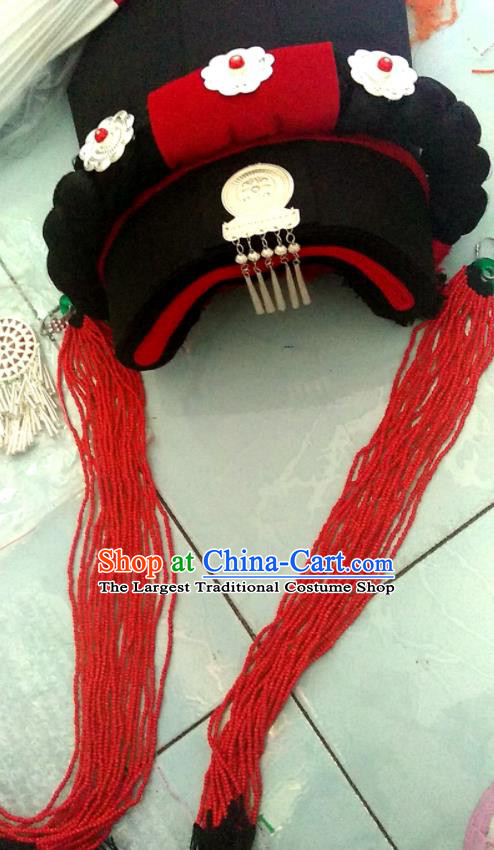 China Liangshan Ethnic Group Dance Performance Headdress Yi Nationality Woman Braid Hairpieces Handmade Minority Red Beads Tassel Tile Hat
