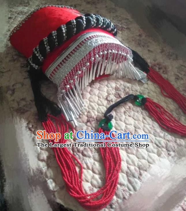 China Yi Nationality Female Headdress Handmade Minority Red Tile Hat Liangshan Ethnic Group Folk Dance Headwear
