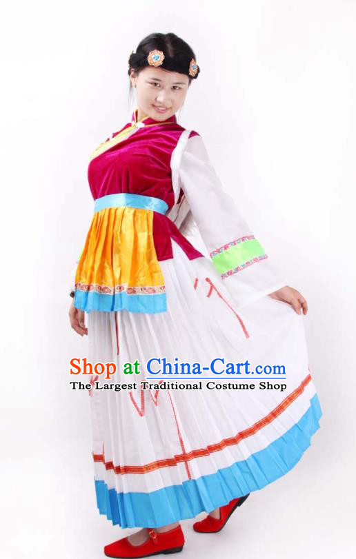 Chinese Naxi Ethnic Folk Dance Uniforms Yunnan National Minority Performance Garment Costumes Nakhi Nationality Festival Clothing