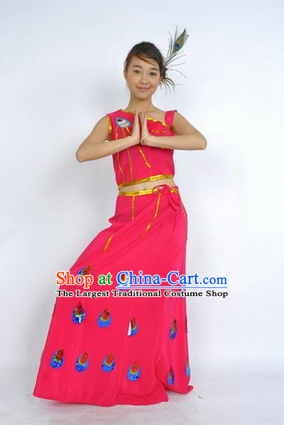 Chinese Dai Nationality Female Performance Clothing Ethnic Peacock Dance Rosy Uniforms Yunnan National Minority Dance Dress Garment Costumes