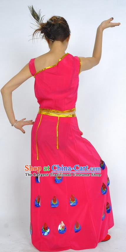 Chinese Dai Nationality Female Performance Clothing Ethnic Peacock Dance Rosy Uniforms Yunnan National Minority Dance Dress Garment Costumes