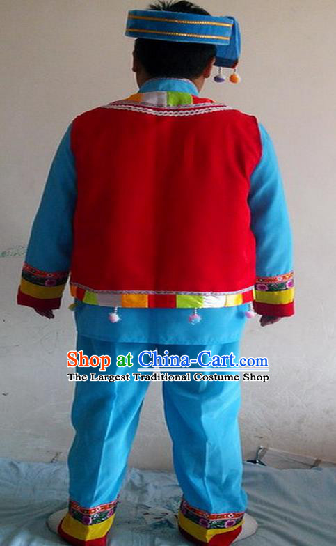 China Ethnic Cucurbit Flute Performance Blue Outfits Yunnan Minority Male Costumes Yi Nationality Folk Dance Clothing