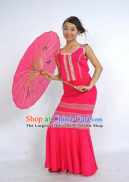 Chinese Yunnan National Minority Dance Dress Dai Nationality Female Performance Garment Costumes Ethnic Peacock Dance Rosy Uniforms