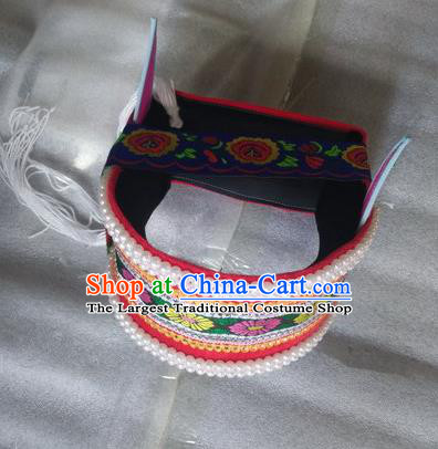 China Bai Nationality Woman Headdress Handmade Dali Minority Hat Yunnan Ethnic Group Folk Dance Pearls Headwear