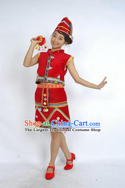 Chinese Yunnan National Minority Performance Dress Va Nationality Woman Garment Costumes Wa Ethnic Dance Red Uniforms and Headpiece