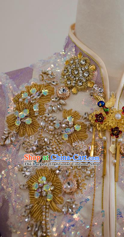 Chinese Traditional Wedding Garment Costumes Ancient Bride Lilac Dress Classical Xiuhe Suits Ceremony Toasting Clothing