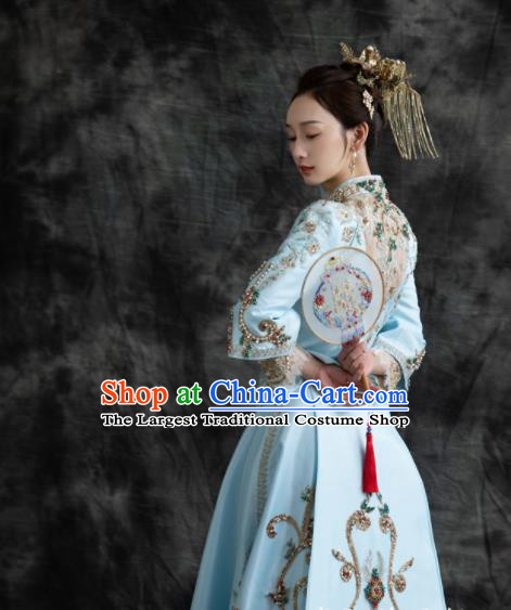 Chinese Traditional Wedding Garment Costumes Ancient Bride Light Blue Dress Classical Embroidery Beads Xiuhe Suits Ceremony Toasting Clothing