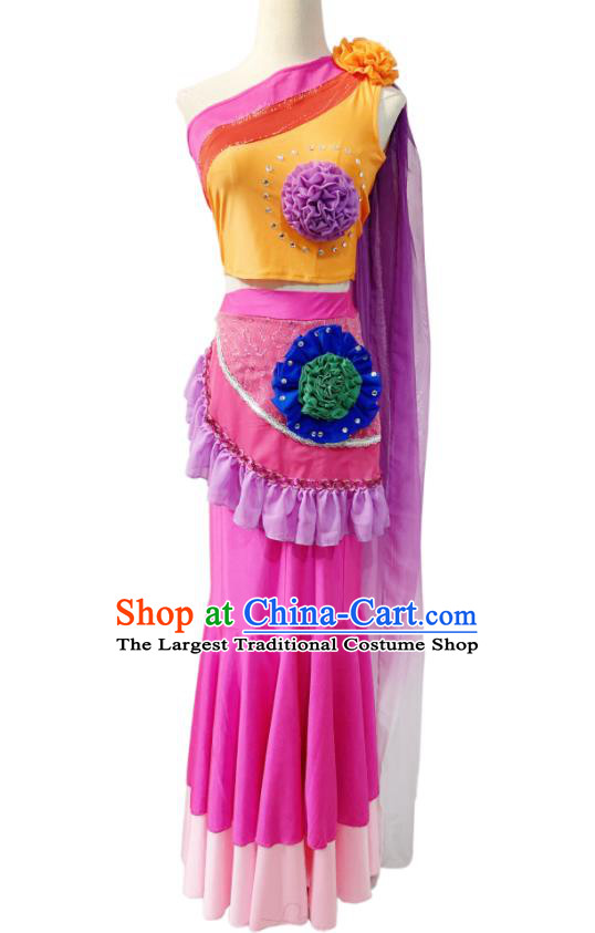 Chinese Dai Minority Dance Rosy Outfits Ethnic Stage Performance Garment Costumes Yunnan Nationality Peacock Dance Dress Clothing