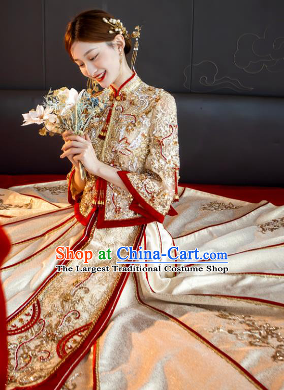 Chinese Classical Light Golden Xiuhe Suits Wedding Ceremony Clothing Traditional Bride Toasting Garment Costumes Ancient Embroidered Dress