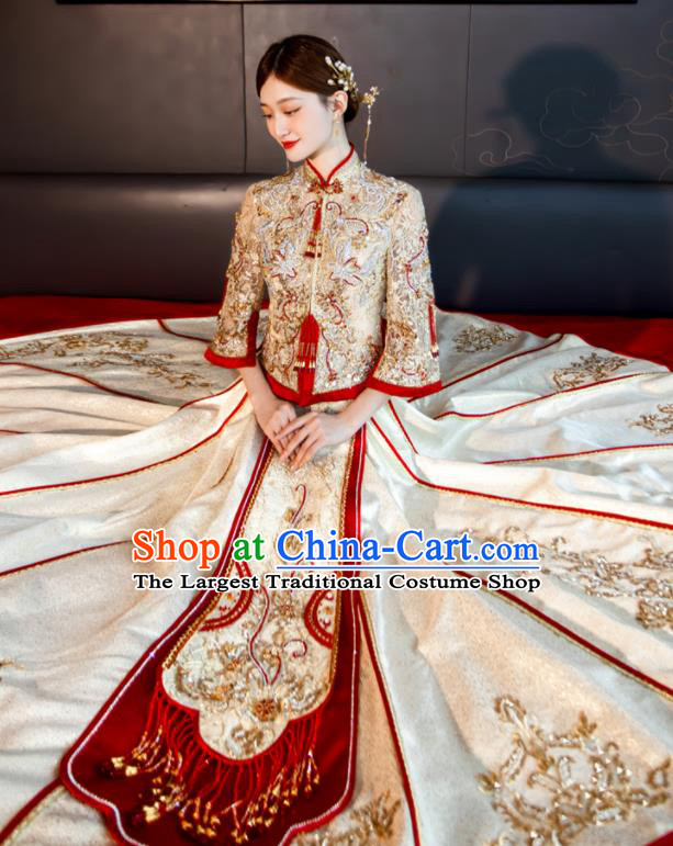 Chinese Classical Light Golden Xiuhe Suits Wedding Ceremony Clothing Traditional Bride Toasting Garment Costumes Ancient Embroidered Dress