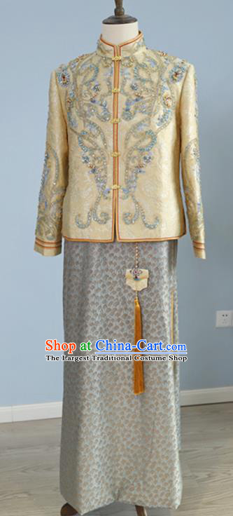 China Ancient Bridegroom Clothing Traditional Wedding Garment Costumes Male Tang Suits Golden Mandarin Jacket and Grey Long Robe