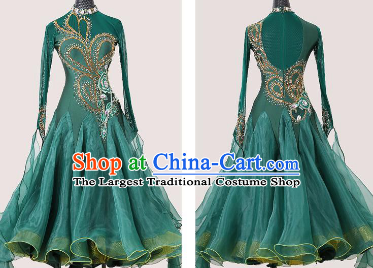Professional Modern Dance Green Dress International Dance Competition Clothing Woman Waltz Dance Garment Ballroom Dance Fashion Costume