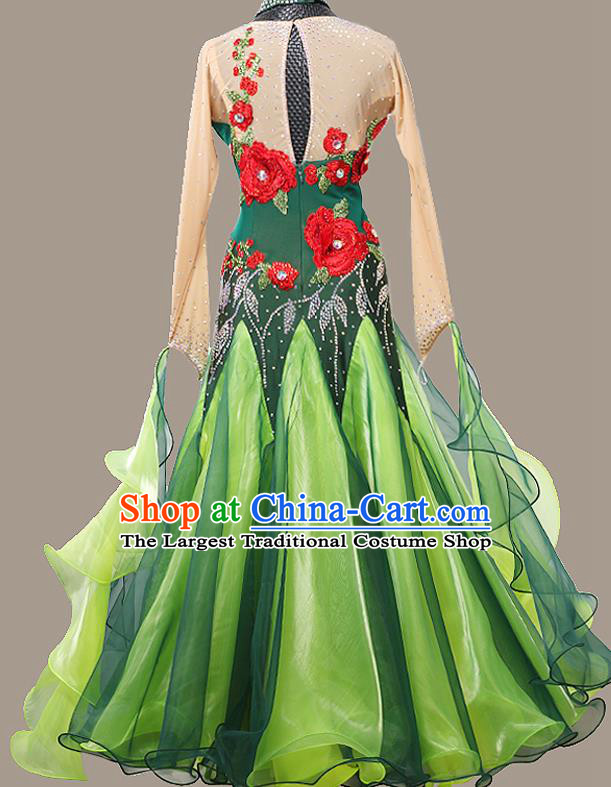 Custom Modern Dance Embroidered Green Dress International Dance Garment Ballroom Dancing Clothing Waltz Competition Fashion