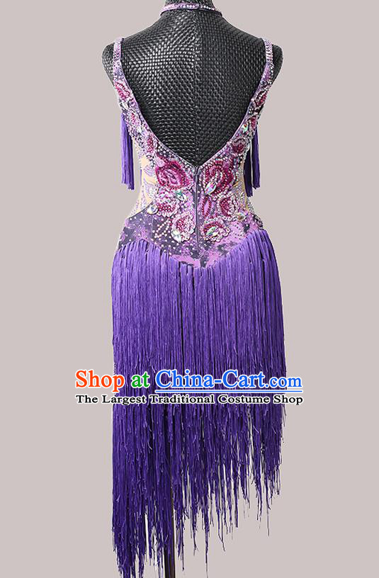 Top Ballroom Dance Fashion Latin Dance Costume Cha Cha Dance Purple Tassel Dress Modern Dance Competition Clothing