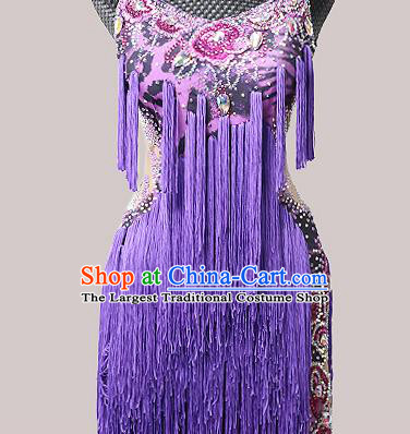 Top Ballroom Dance Fashion Latin Dance Costume Cha Cha Dance Purple Tassel Dress Modern Dance Competition Clothing