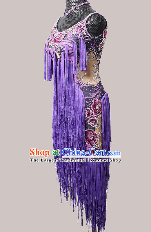 Top Ballroom Dance Fashion Latin Dance Costume Cha Cha Dance Purple Tassel Dress Modern Dance Competition Clothing