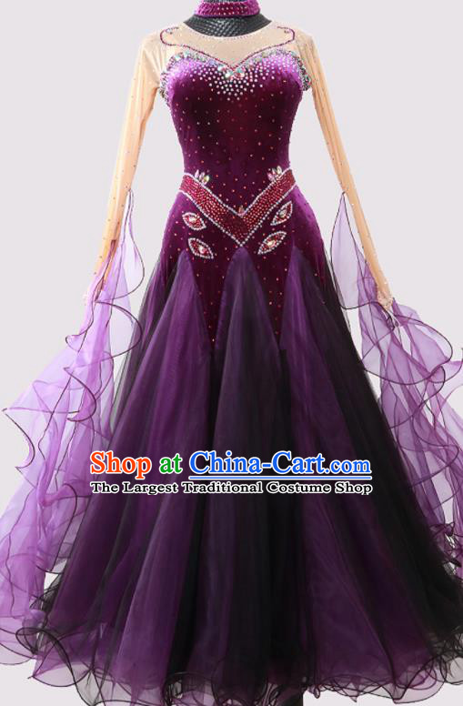 Custom Modern Dance Fashion Garment International Dance Purple Pleuche Dress Ballroom Dancing Clothing Waltz Dancewear