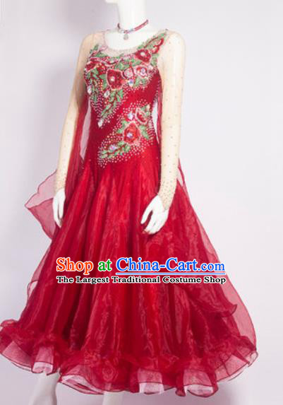 Custom Modern Dance Clothing International Dance Garment Costume Waltz Performance Wine Red Dress Ballroom Dancing Fashion
