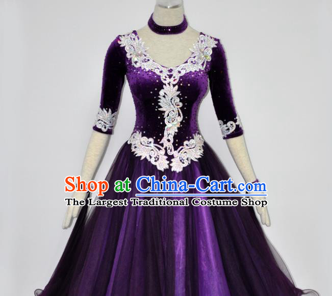 Custom Modern Dance Clothing International Dance Garment Woman Waltz Training Dancewear Ballroom Dancing Purple Pleuche Dress