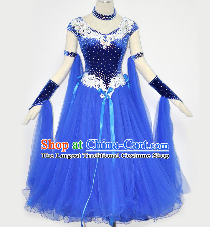 Custom International Dance Garment Woman Waltz Training Dancewear Ballroom Dancing Blue Pleuche Dress Modern Dance Clothing