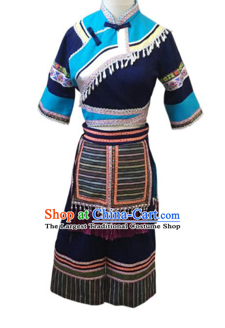 Chinese Zhuang Nationality Folk Dance Dress Clothing Minority Stage Performance Navy Outfits Ethnic Country Woman Garment Costumes