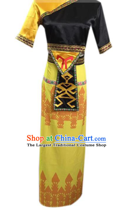 Chinese Li Minority Stage Performance Yellow Dress Uniforms Hainan Ethnic Festival Garment Costumes Nationality Folk Dance Clothing