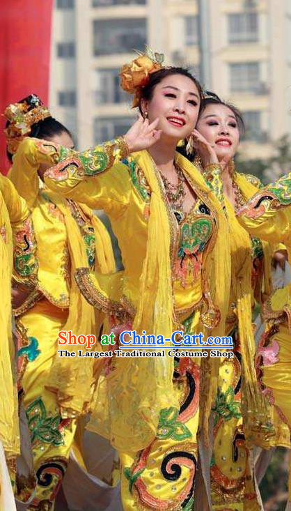 Chinese Xinjiang Minority Woman Yellow Uniforms Uyghur Ethnic Performance Garment Costumes Uighur Nationality Folk Dance Clothing