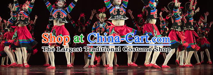 Chinese Yi Minority Children Dress Uniforms Ethnic Performance Garment Costumes Xiangxi Nationality Girl Folk Dance Clothing