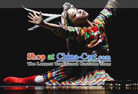 Chinese Minority Performance Garment Costumes Yi Nationality Girl Folk Dance Clothing Ethnic Children Dress Uniforms