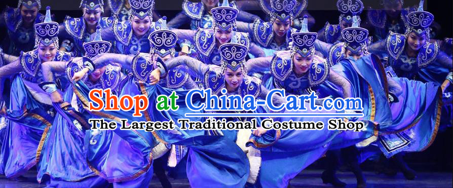 Chinese Mongolian Minority Performance Garment Costumes Mongol Nationality Dance Clothing Ethnic Folk Dance Blue Dress Uniforms