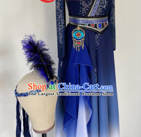 Chinese Ethnic Folk Dance Blue Dress Uniforms Mongolian Minority Performance Garment Costumes Mongol Nationality Woman Clothing