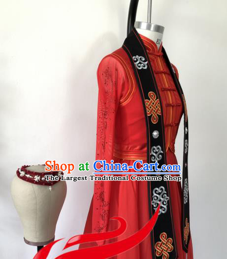 Chinese Mongolian Nationality Woman Solo Dance Clothing Ethnic Dance Red Dress Uniforms Mongol Minority Performance Garment Costumes