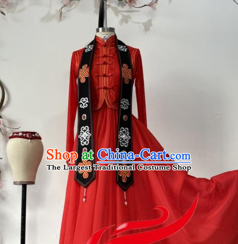 Chinese Mongolian Nationality Woman Solo Dance Clothing Ethnic Dance Red Dress Uniforms Mongol Minority Performance Garment Costumes