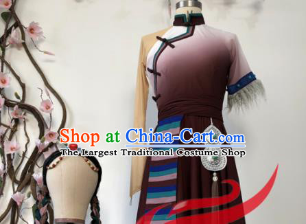 Chinese Ethnic Dance Brown Dress Uniforms Zang Minority Performance Garment Costumes Tibetan Nationality Woman Dance Clothing