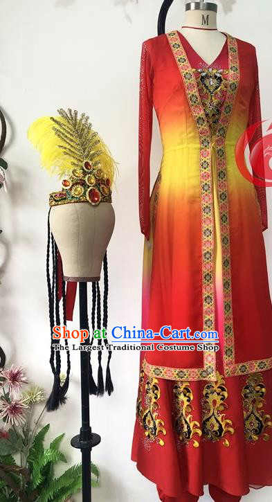 Chinese Uyghur Nationality Woman Dance Clothing Ethnic Dance Red Dress Uniforms Xinjiang Minority Performance Garment Costumes